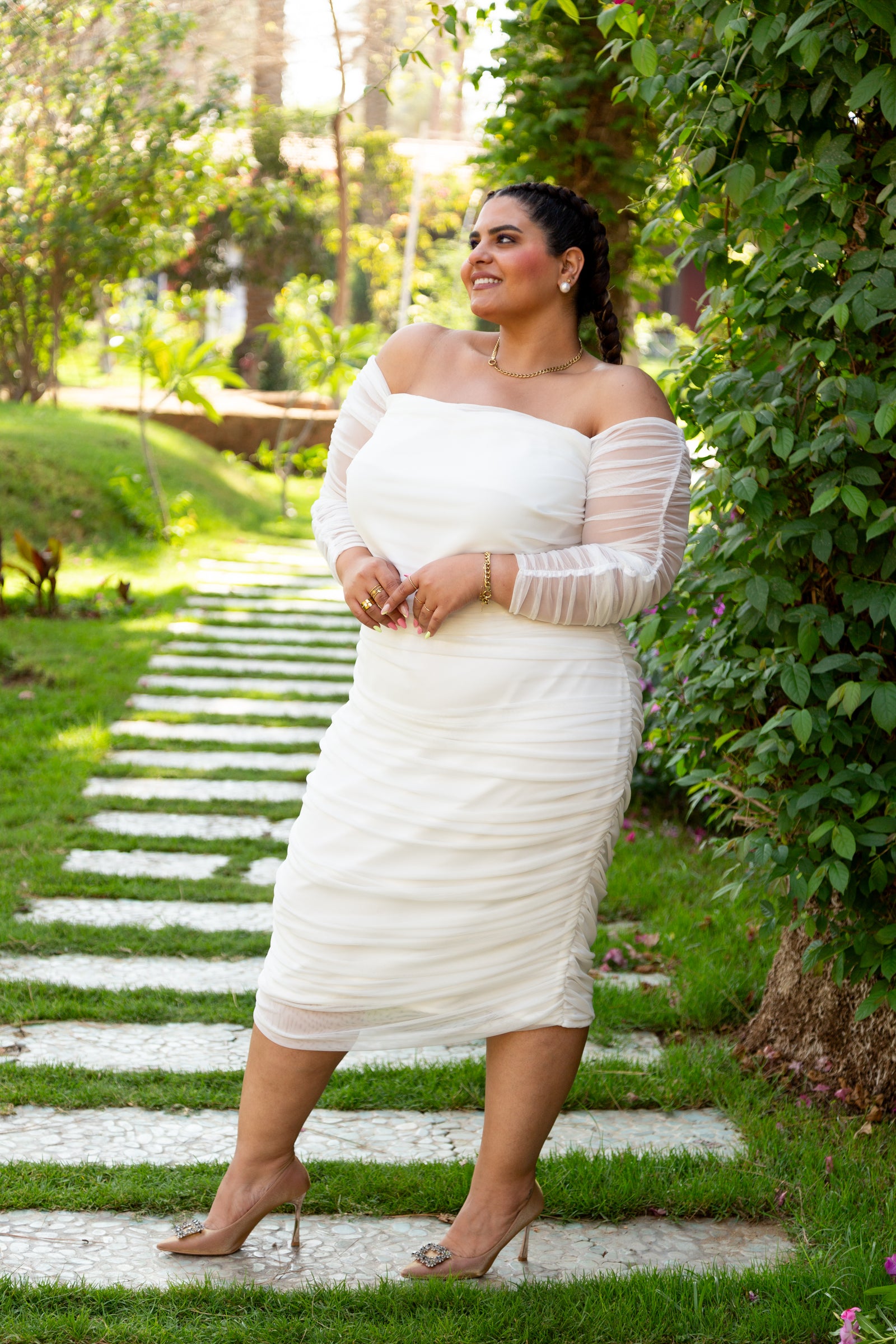 Ruched Tulle Midi Dress - White
