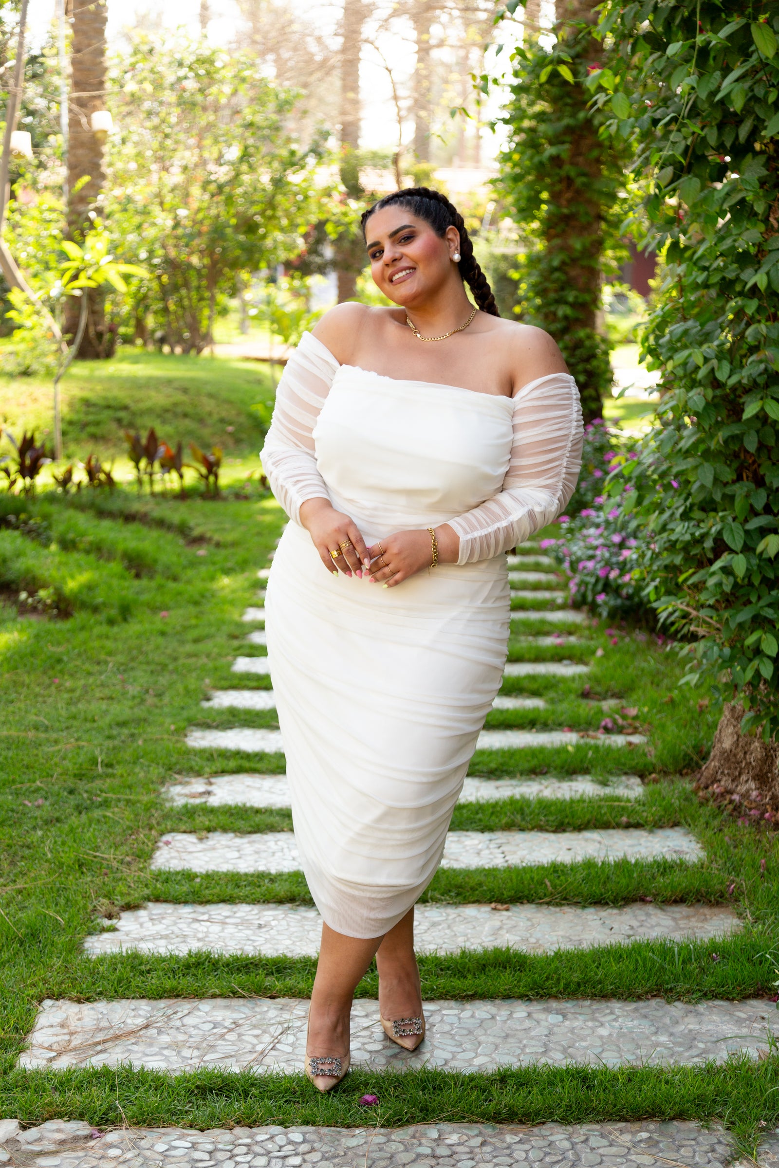Ruched Tulle Midi Dress - White