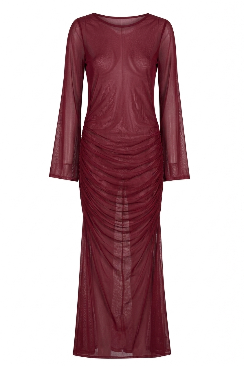 Maroon Tulle Ruched Dress