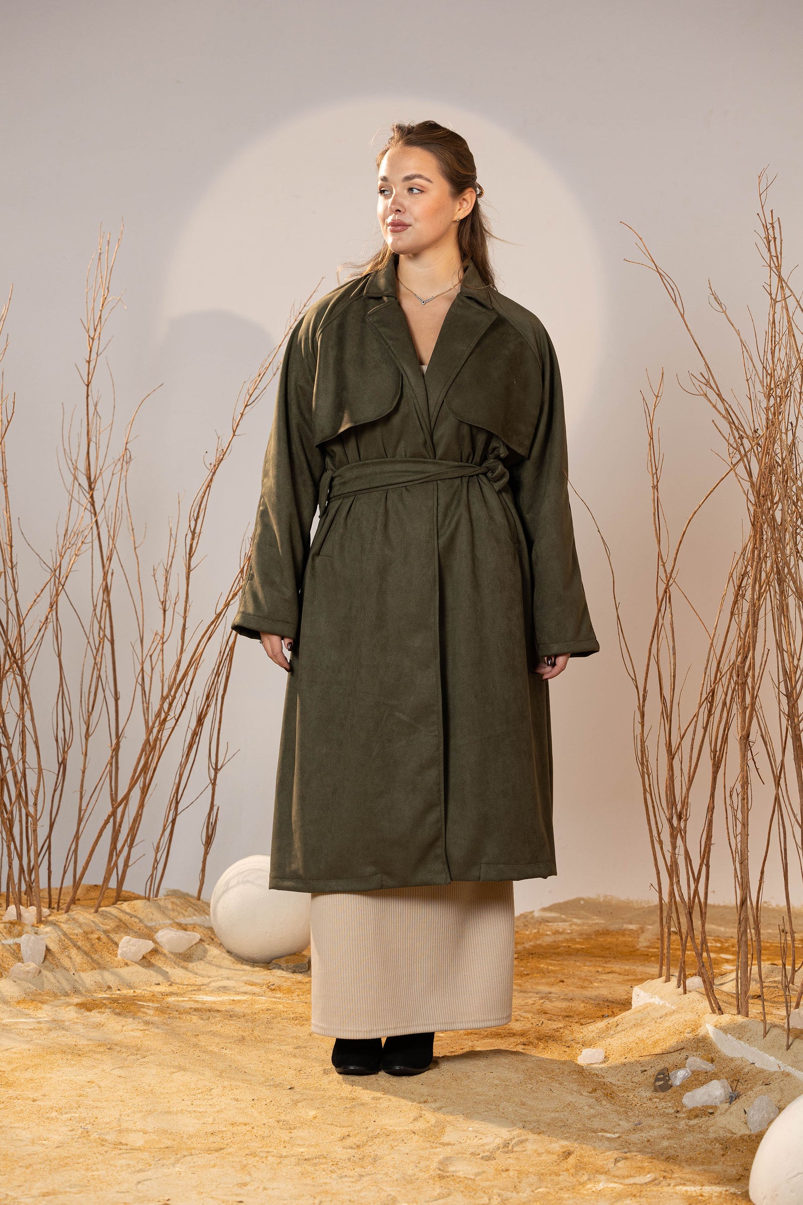 Army Green Suede Trench Coat
