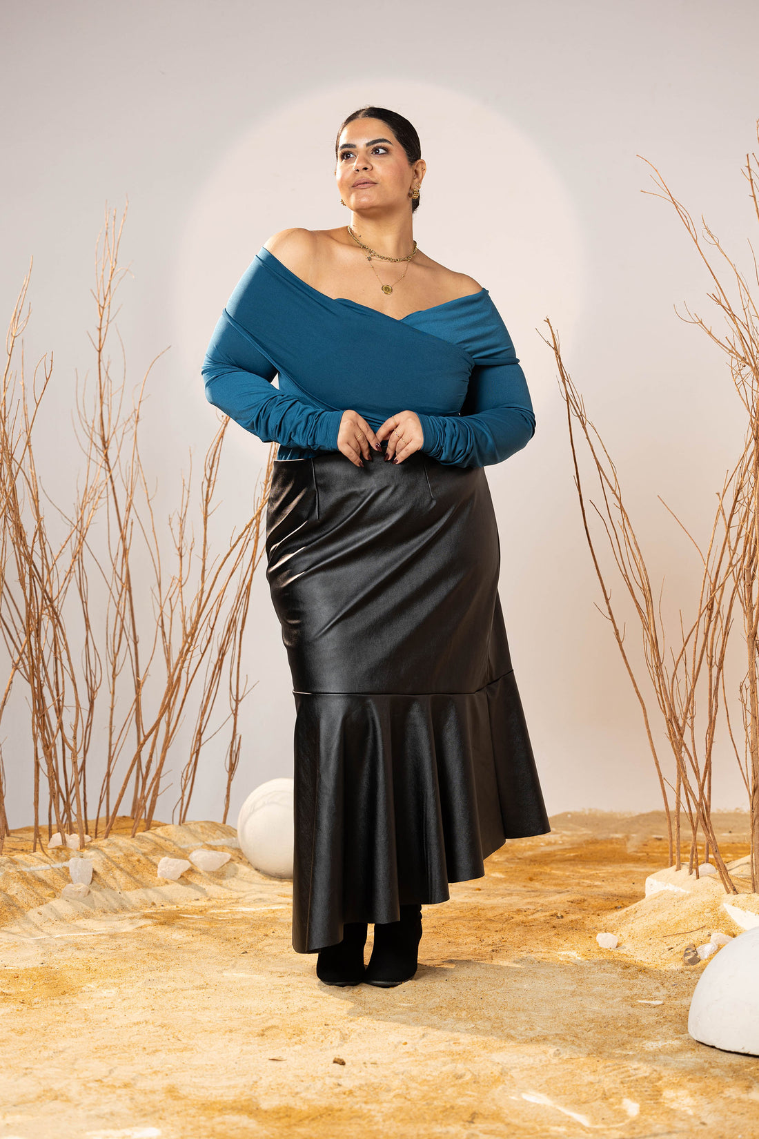Black Faux Leather Flared Pleated Skirt