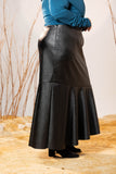 Black Faux Leather Flared Pleated Skirt