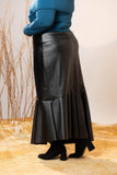 Black Faux Leather Flared Pleated Skirt