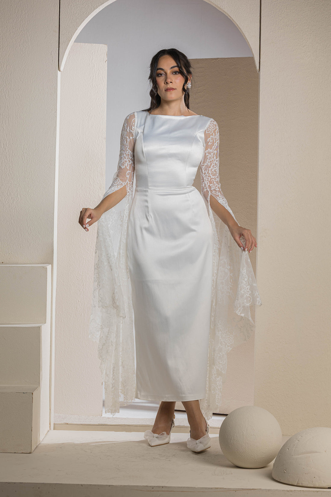 Bridal Belle Lace Sleeve Gown - White