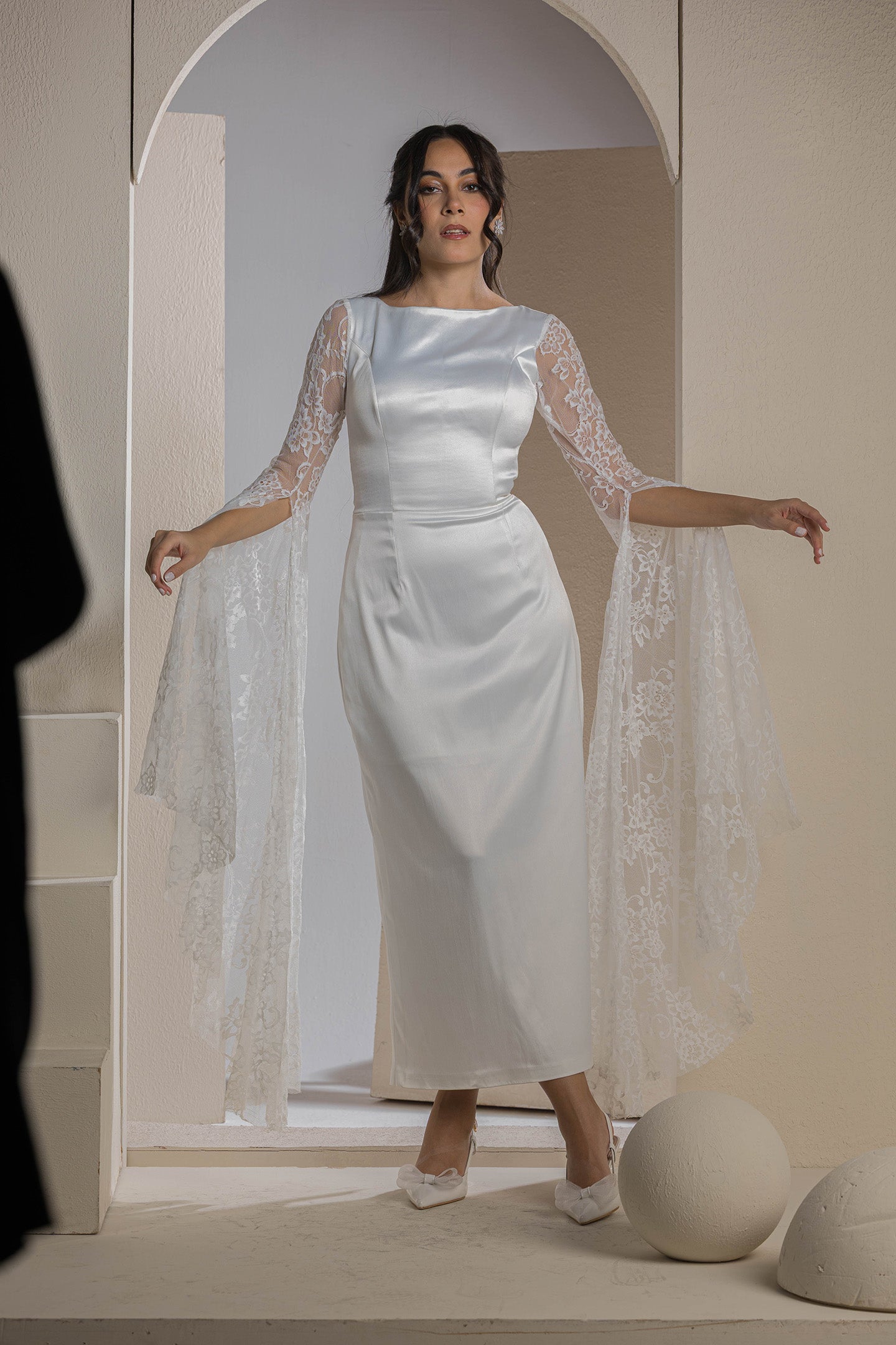 Bridal Belle Lace Sleeve Gown - White