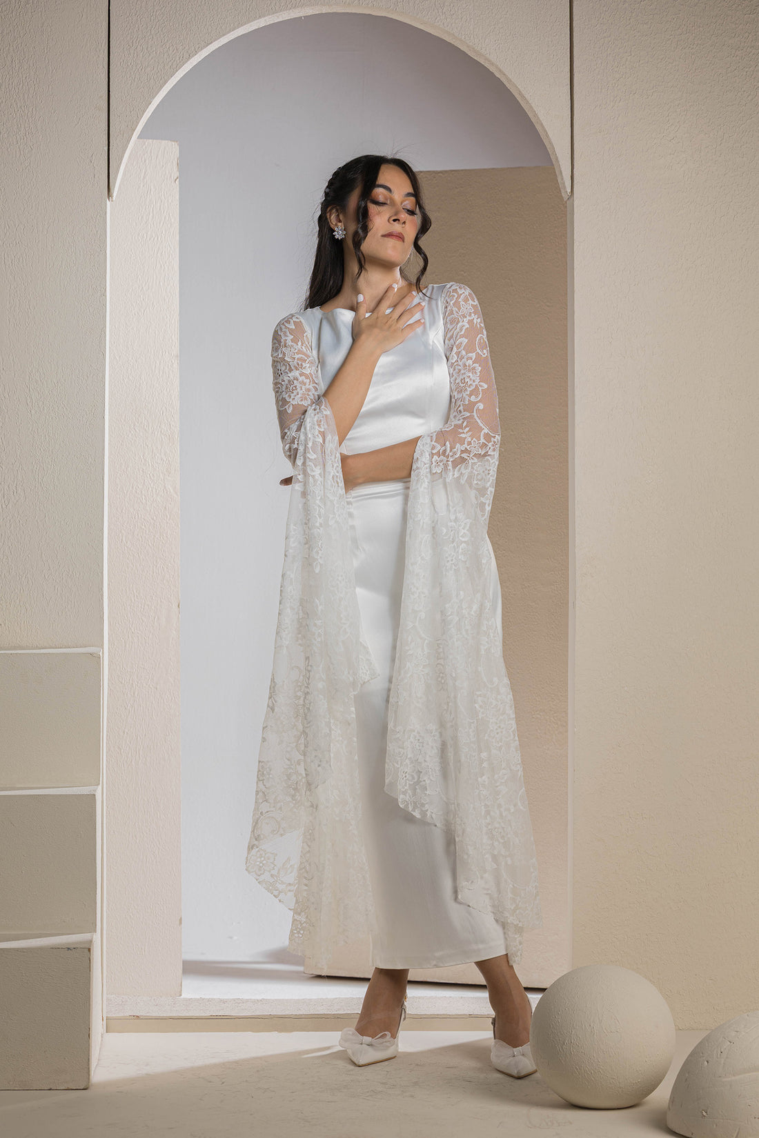 Bridal Belle Lace Sleeve Gown - White