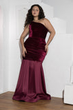 Burgundy One-Shoulder Velvet Mermaid Soirée Dress