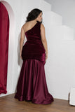 Burgundy One-Shoulder Velvet Mermaid Soirée Dress