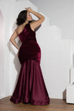 Burgundy One-Shoulder Velvet Mermaid Soirée Dress