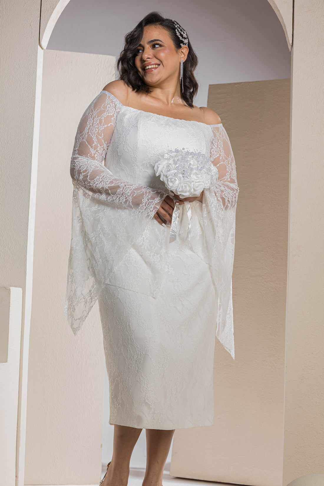 Butterfly Sleeve Lace Dress - White