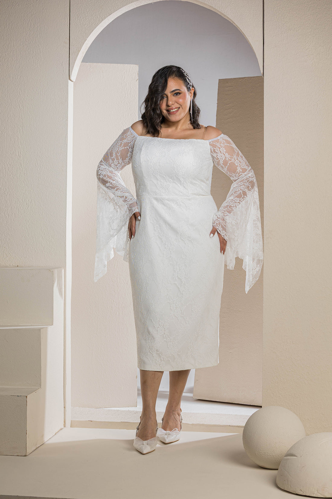 Butterfly Sleeve Lace Dress - White