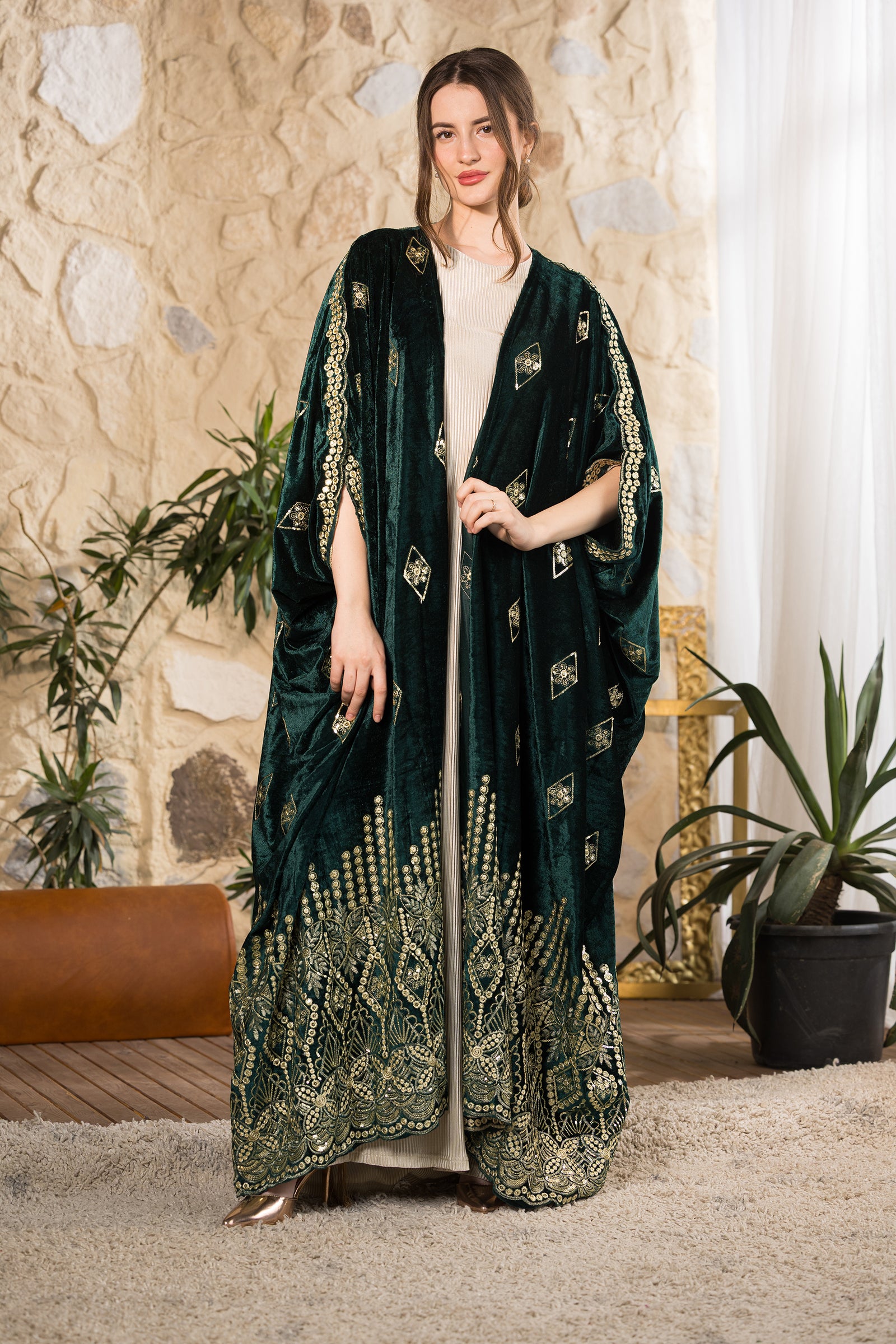 Emerald Heritage Embroidered Velvet Abaya