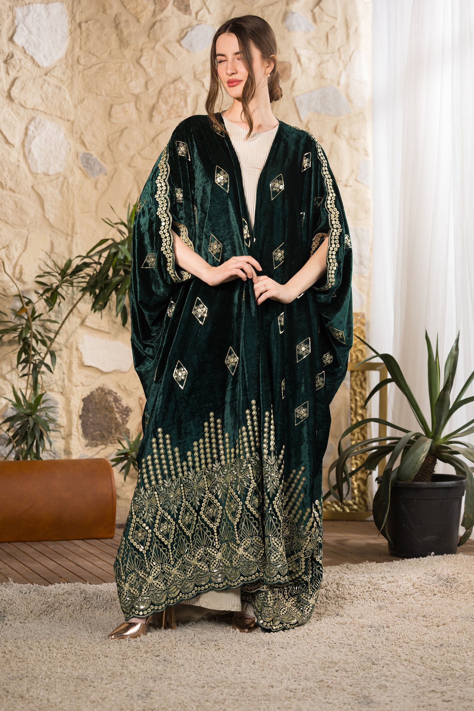Emerald Heritage Embroidered Velvet Abaya