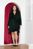Emerald Ruffle Sequin Velvet Soirée Dress