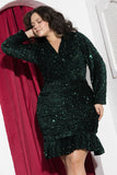 Emerald Ruffle Sequin Velvet Soirée Dress