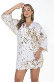 Golden Butterfly Sleeve Dress - Double Sequin White & Gold