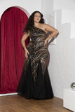 Golden Swirl Sequin One-Shoulder Soirée Gown