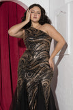 Golden Swirl Sequin One-Shoulder Soirée Gown