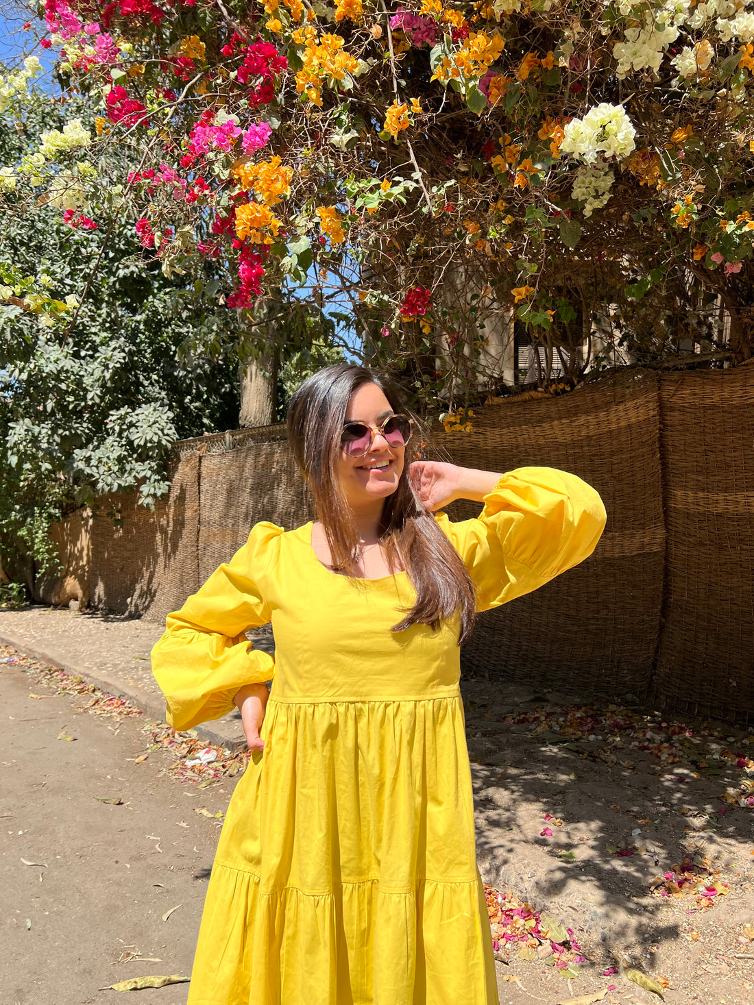 Tiered Poplin Dress with puff sleeves- Yellow