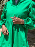 Tiered Poplin Dress with puff sleeves- Green