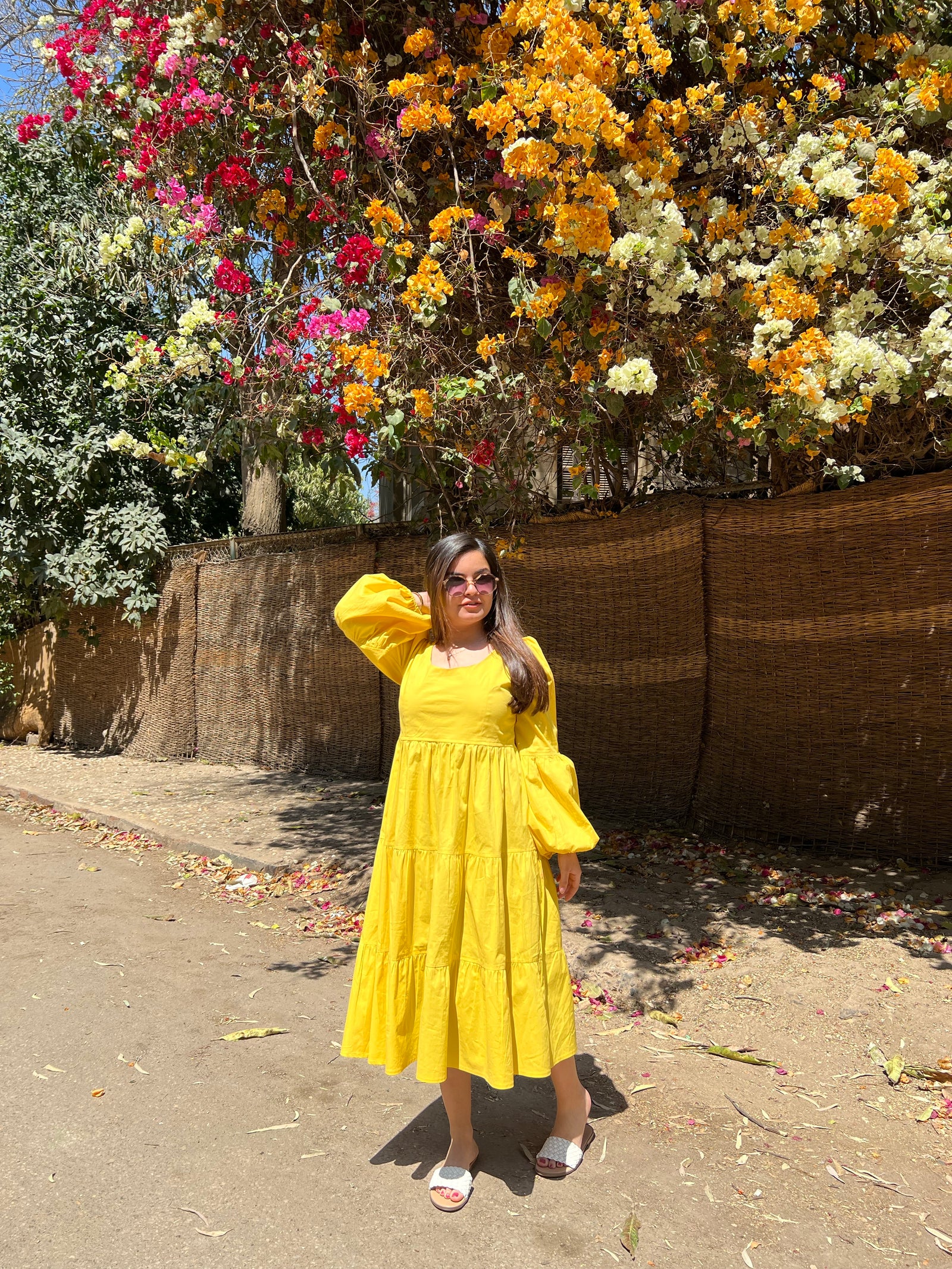 Tiered Poplin Dress with puff sleeves- Yellow