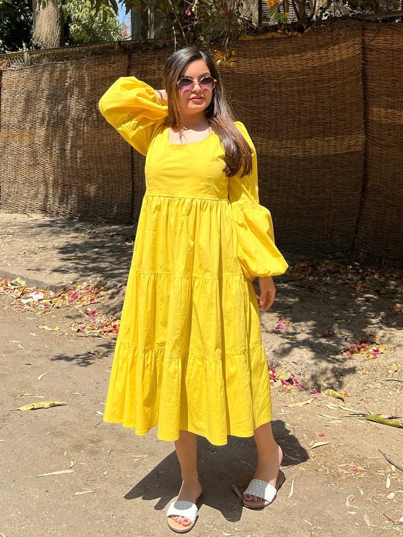 Tiered Poplin Dress with puff sleeves- Yellow