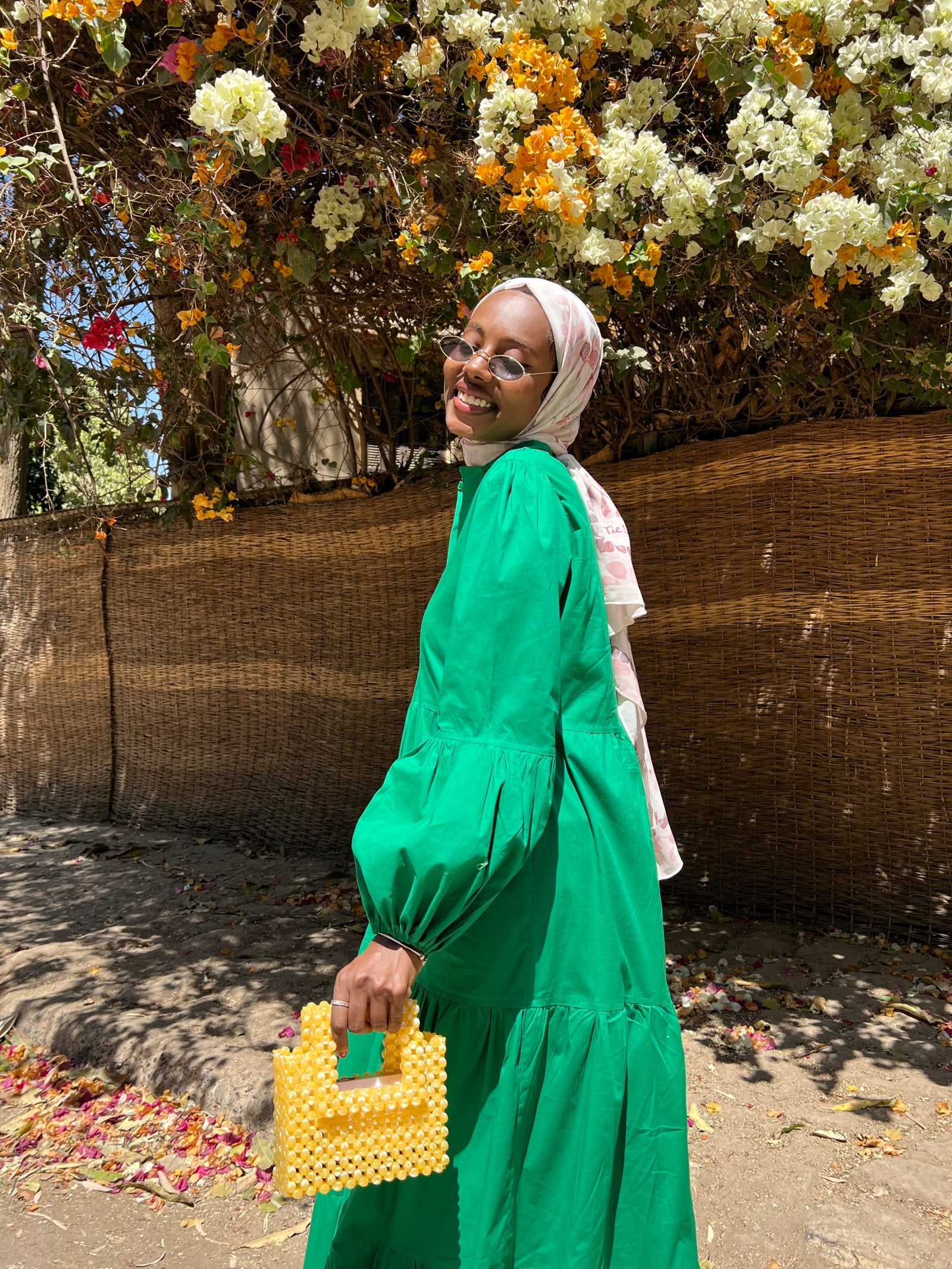 Tiered Poplin Dress with puff sleeves- Green