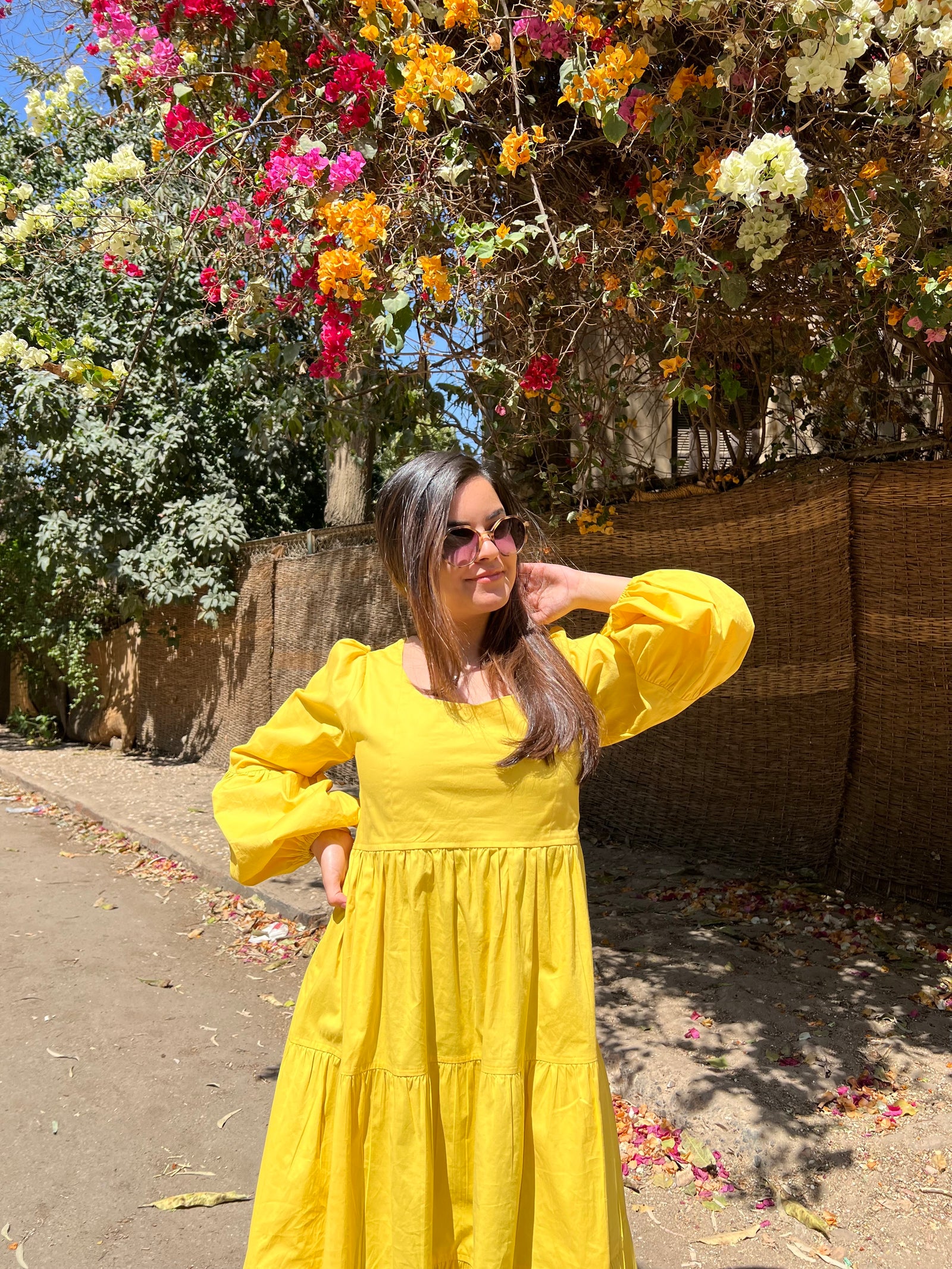 Tiered Poplin Dress with puff sleeves- Yellow