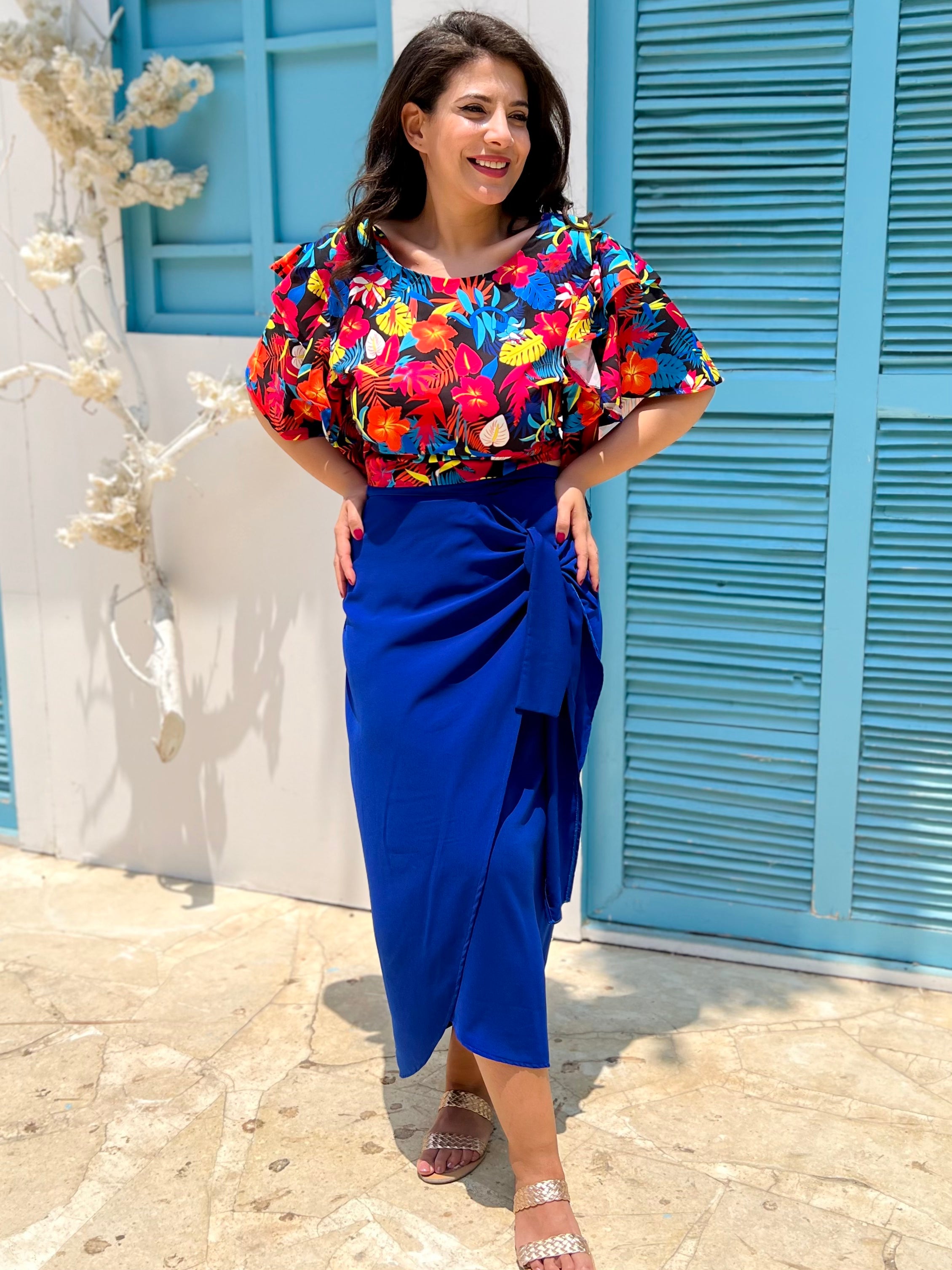 Crepe wrap Skirt Blue Rafeya Fashion
