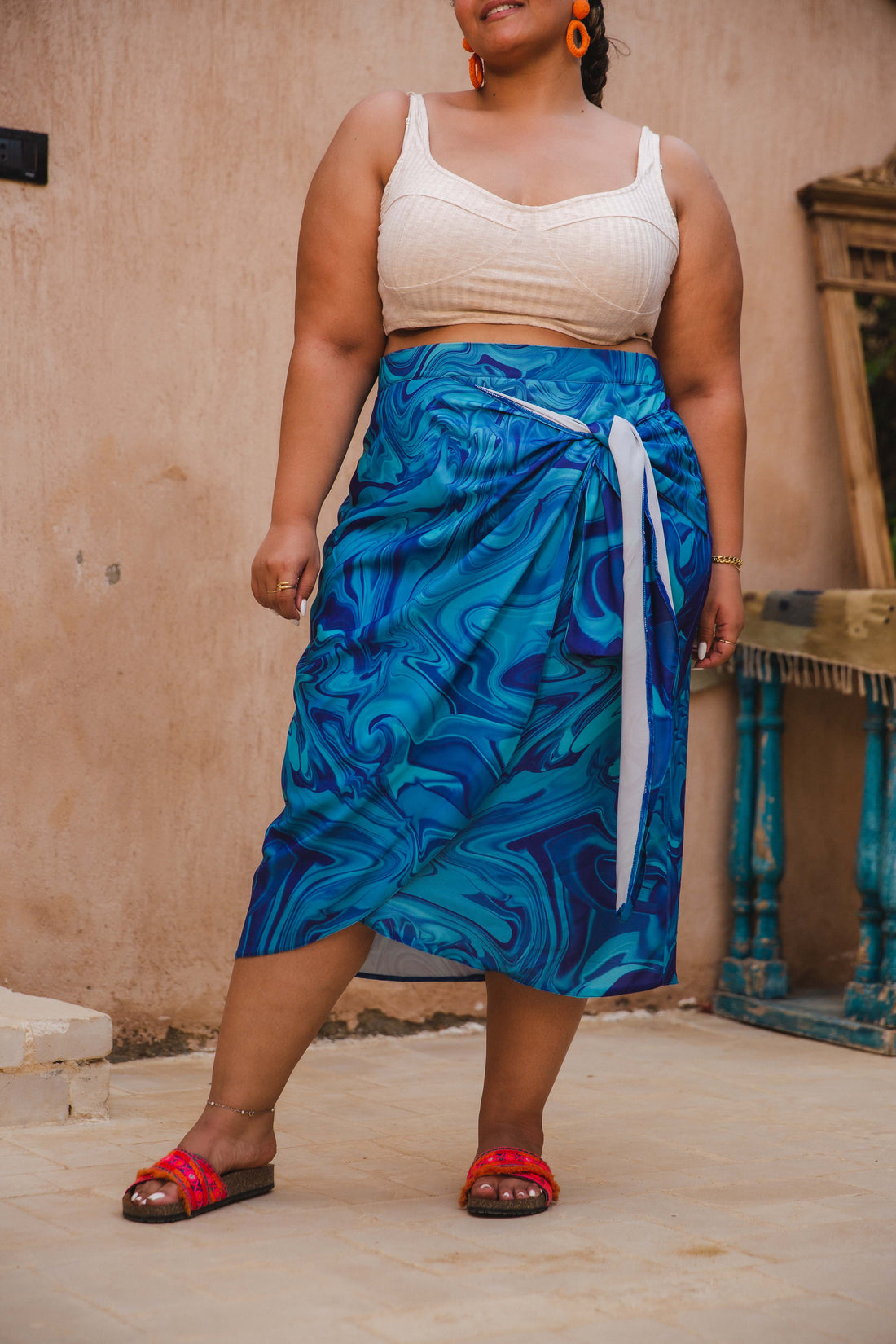 Blue marble crepe  wrap Skirt