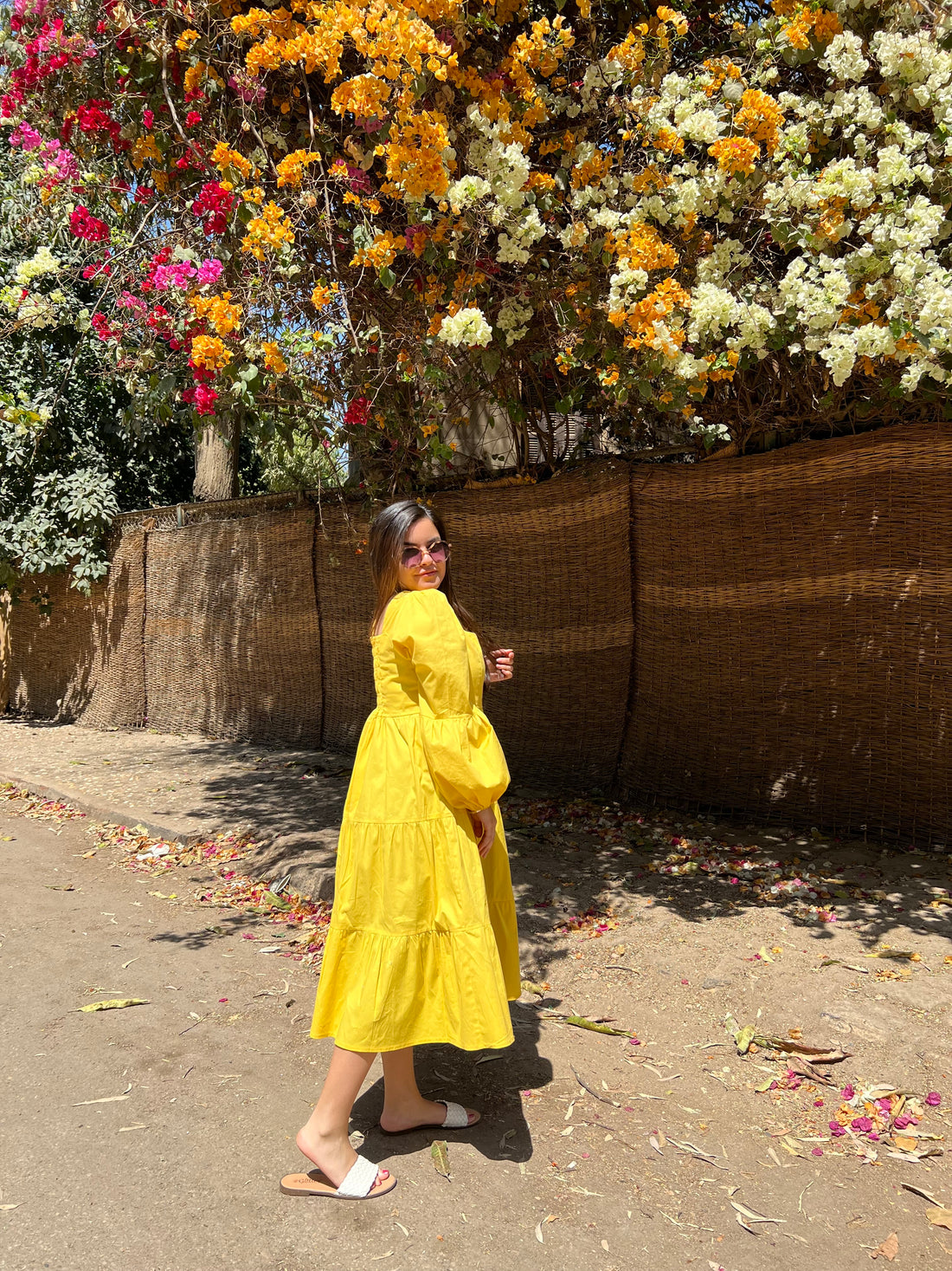 Tiered Poplin Dress with puff sleeves- Yellow