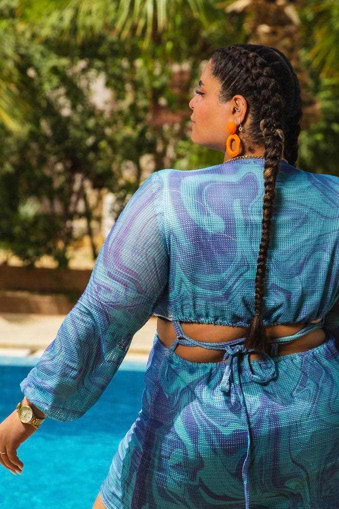 Long sleeves Fishnet Dress - Blue