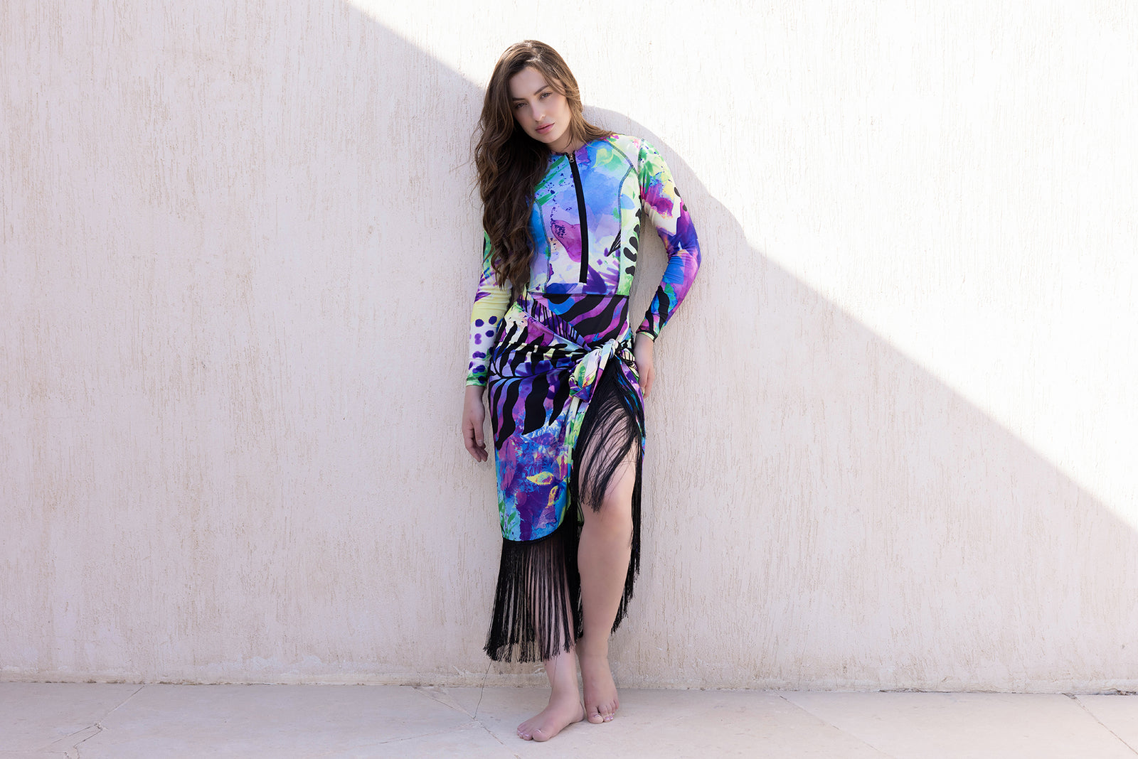 Jungle Splash Wrap Skirt Crepe With Fringes