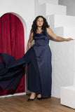 Midnight Drape Soirée Dress – Navy Blue