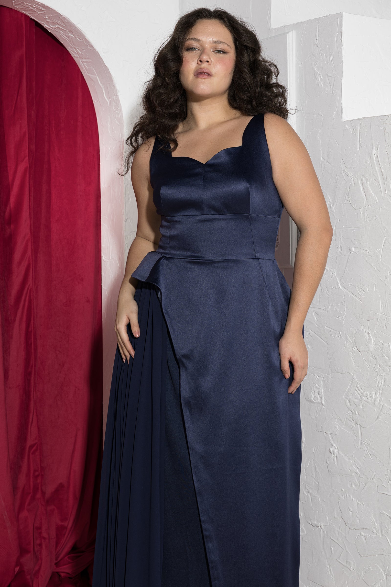 Midnight Drape Soirée Dress – Navy Blue
