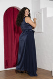 Midnight Drape Soirée Dress – Navy Blue