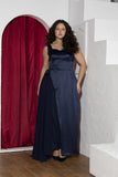 Midnight Drape Soirée Dress – Navy Blue