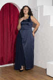Midnight Drape Soirée Dress – Navy Blue