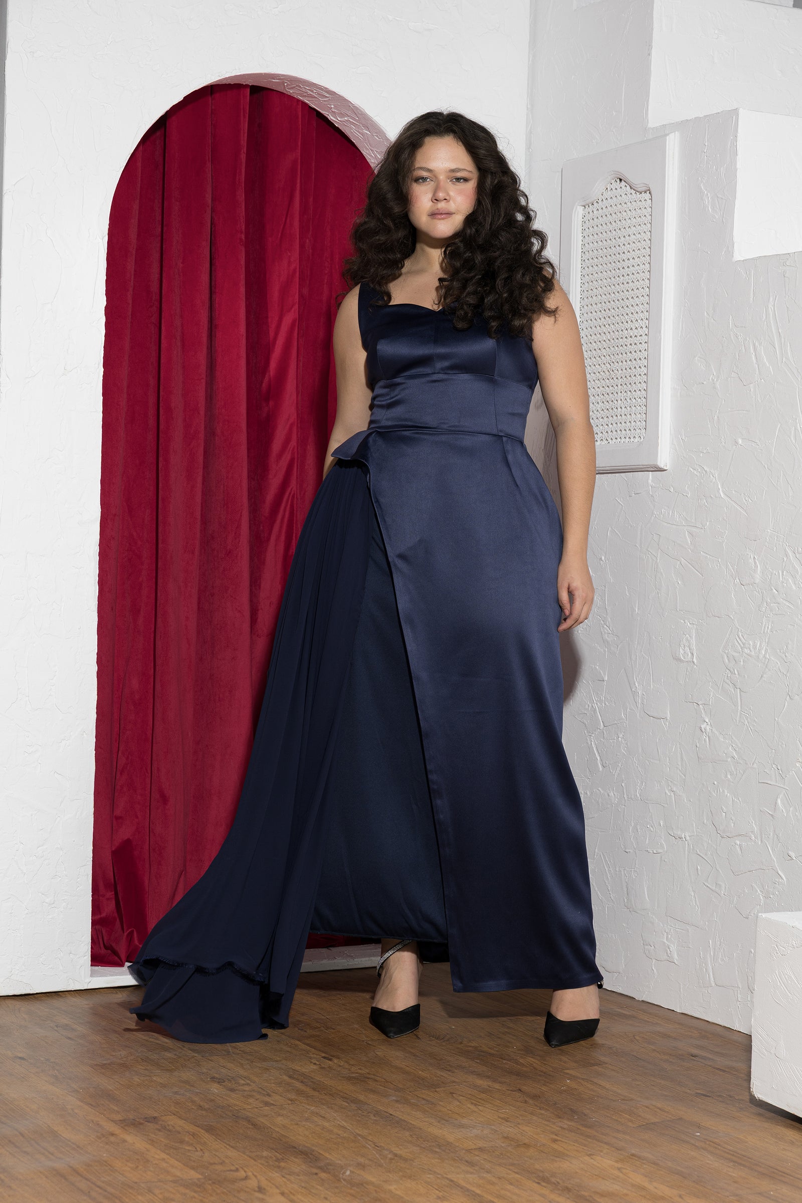 Midnight Drape Soirée Dress – Navy Blue