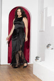 Midnight Lace-Panel Wrap Soirée Dress