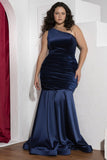 Navy One-Shoulder Velvet Mermaid Soirée Dress