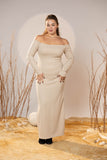 Off-Shoulder Beige Maxi Rib Dress