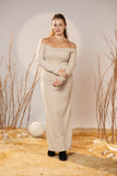 Off-Shoulder Beige Maxi Rib Dress