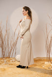 Off-Shoulder Beige Maxi Rib Dress