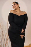 Off-Shoulder Black Mid-Calf Dress