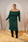 Off-Shoulder Emerald Green Mid-Calf Dress