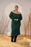 Off-Shoulder Emerald Green Mid-Calf Dress