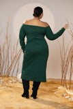 Off-Shoulder Emerald Green Mid-Calf Dress