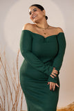 Off-Shoulder Emerald Green Mid-Calf Dress