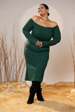 Off-Shoulder Emerald Green Mid-Calf Dress